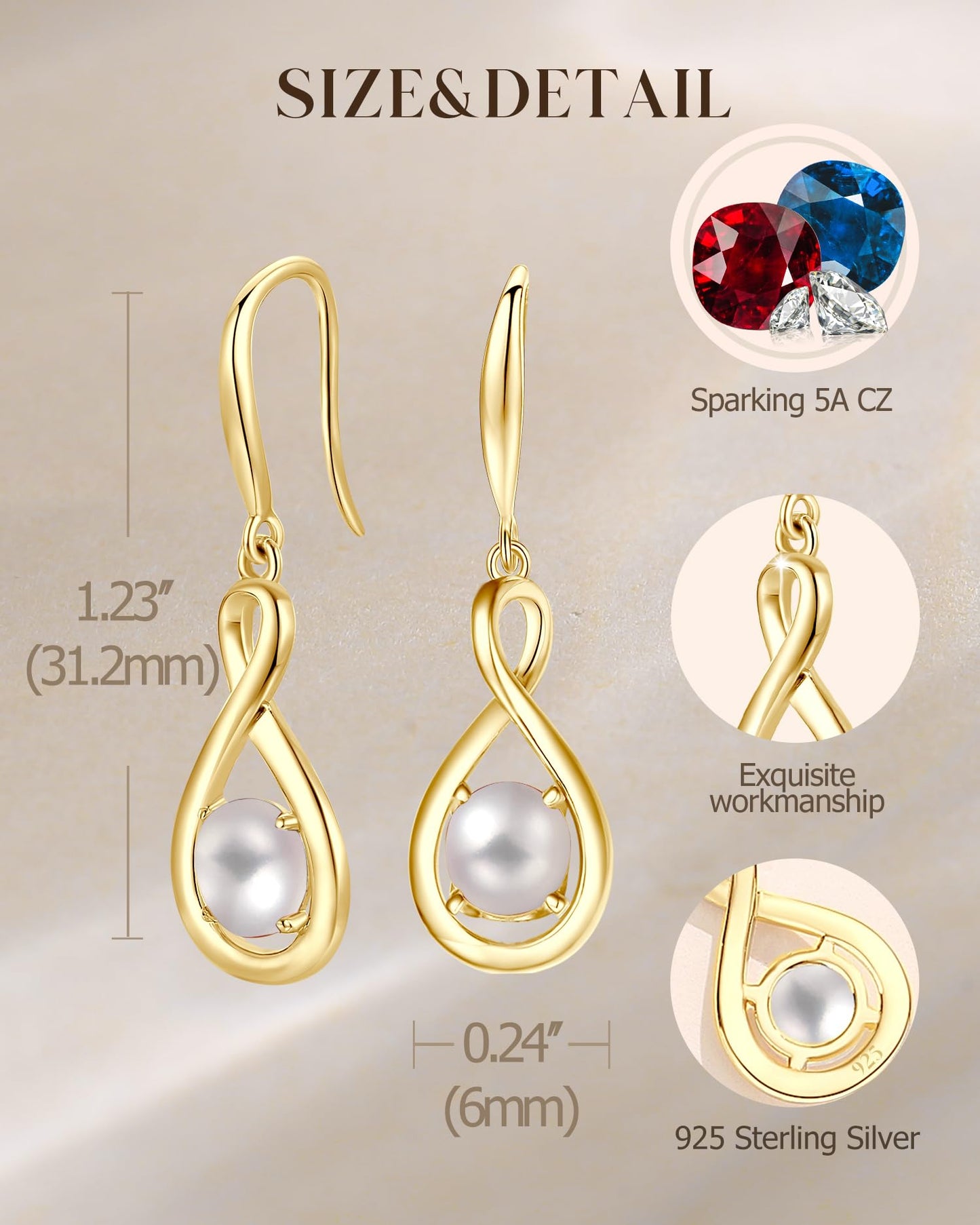 FANCIME White Pearl Dangle Drop Earrings 925 Sterling Silver Yellow Gold Plated Dainty Infinity June Birthstone Earring Fine Jewelry Birthday Mothers Day Gifts for Mom Her Women