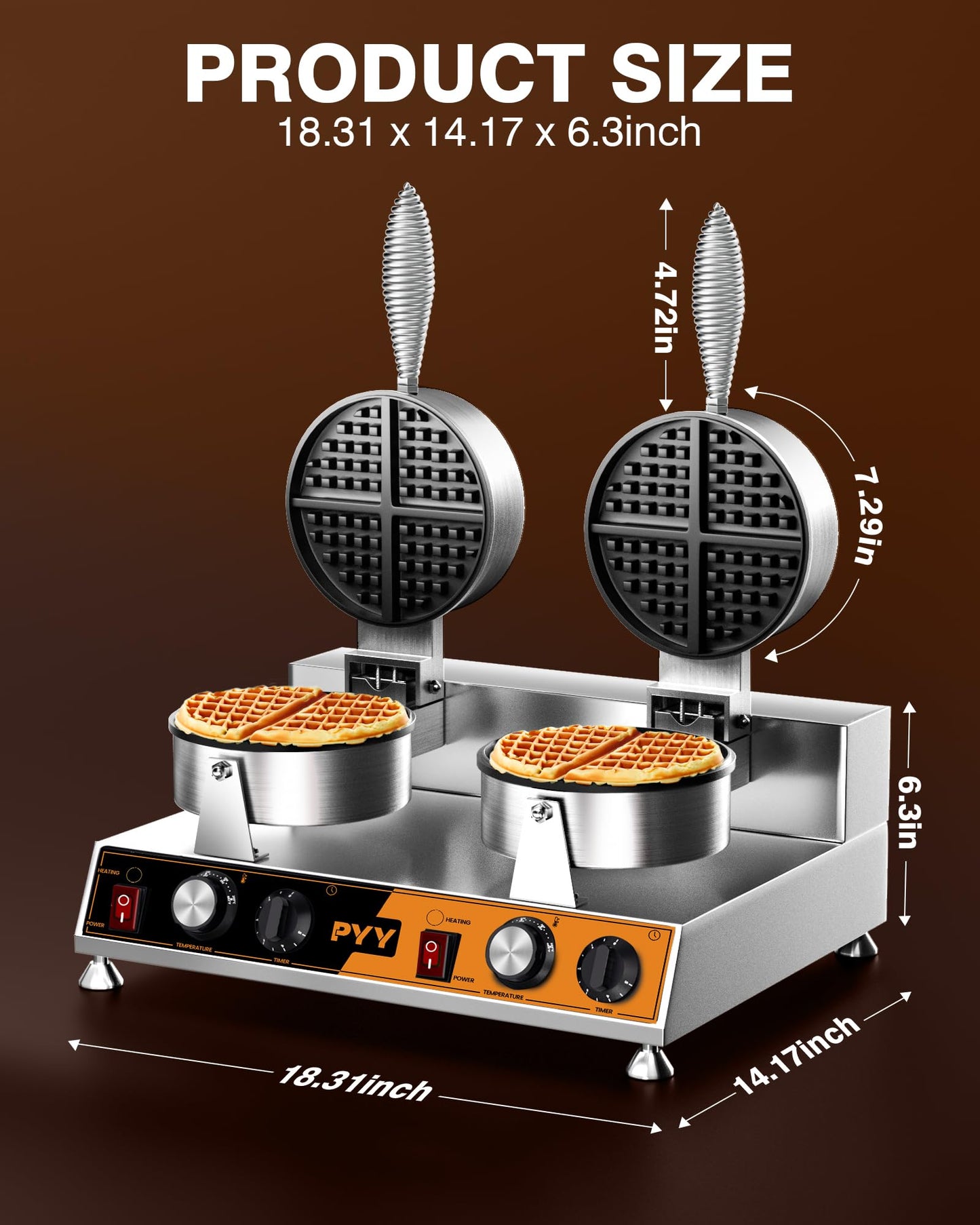 PYY Commercial Waffle Maker - Double Waffle Maker, Large, Stainless Steel, Non-stick Electric Chaffle Maker for Restaurant Party Food Stall