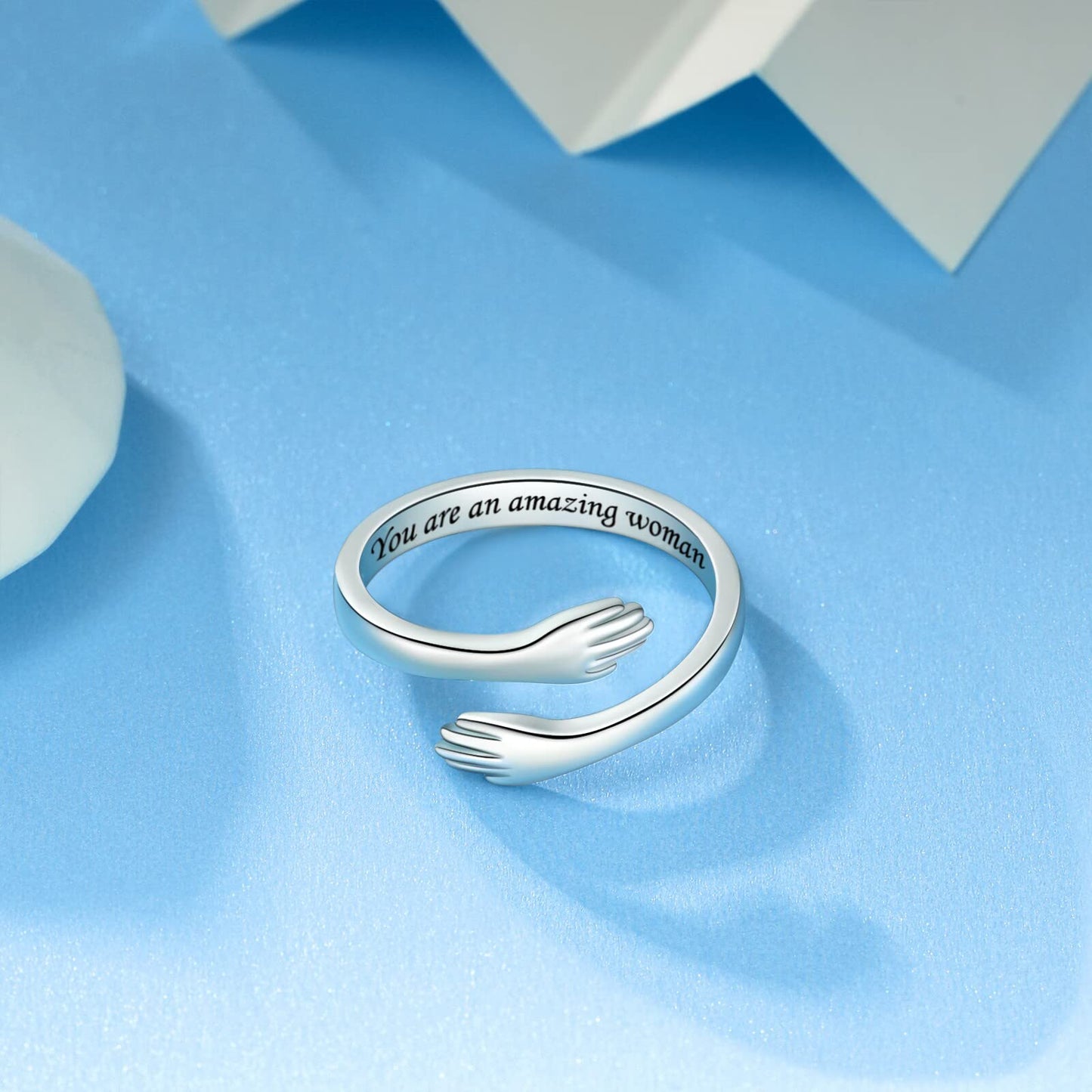 ACJFA Hug Rings for Women Sterling Silver Adjustable Ring for Women Daughter Hand Ring Jewelry for Birthday Gifts Holiday Gift for Teens(You are an amazing woman)