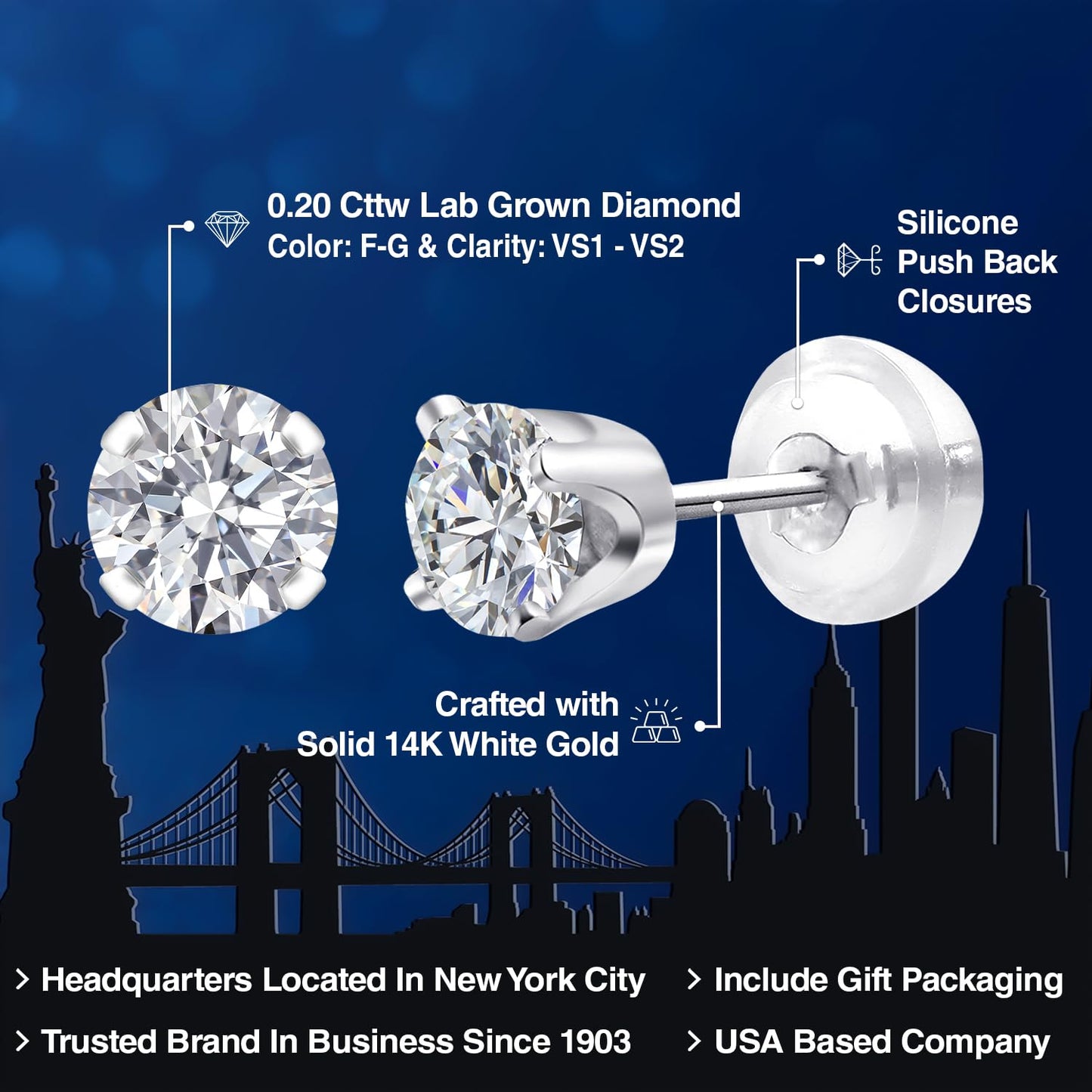 Gem Stone King 0.20 to 6 Cttw 14K Gold Lab Grown Diamond Stud Earrings | Gold Earrings For Women Men | E-F Color | VS1-VS2 Clarity | White Gold | 0.20 Carats - Not IGI Certified