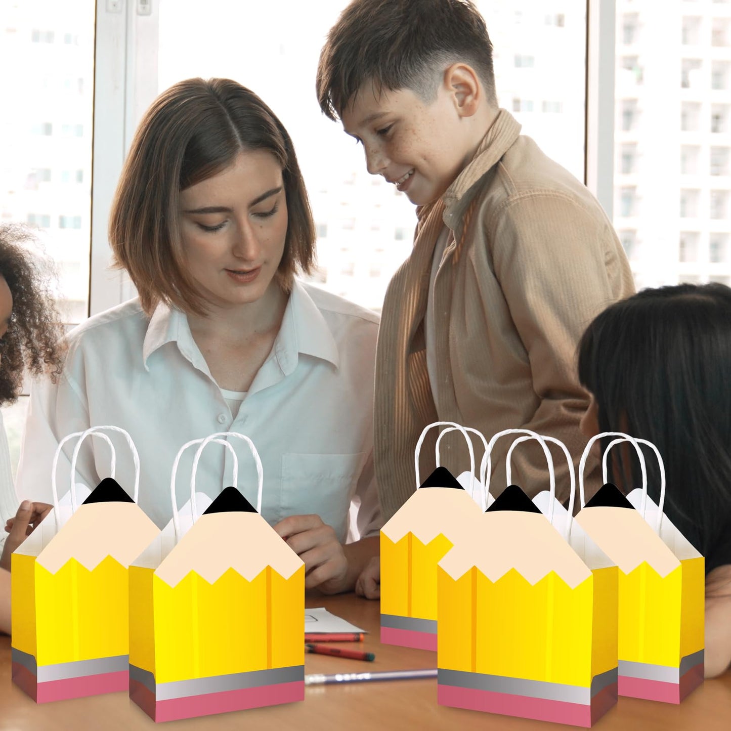 27pcs Back to School Teacher Gifts – Pencil Shaped Paper Bags Bulk, Welcome Candy Treat Boxes for Students, Classroom Party Decorations, Teacher Appreciation Week