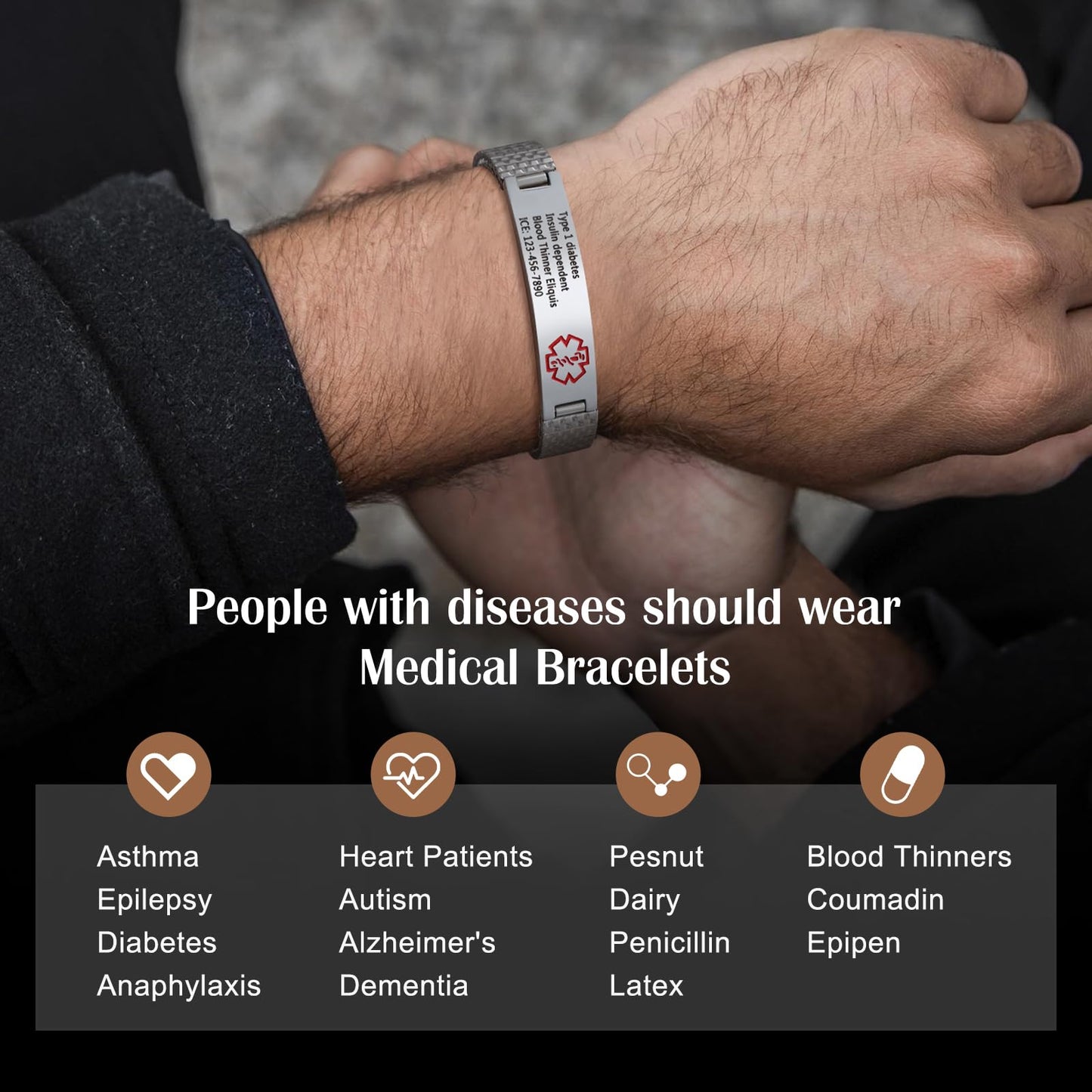 Bijouweled Medical Alert Bracelet for Women Men 7.5 to 9.8 Inches Emergency ID Bracelets Free Engraving Personalized Medic Alert Bracelet for Adult (Silver 7.3inch stretchable)