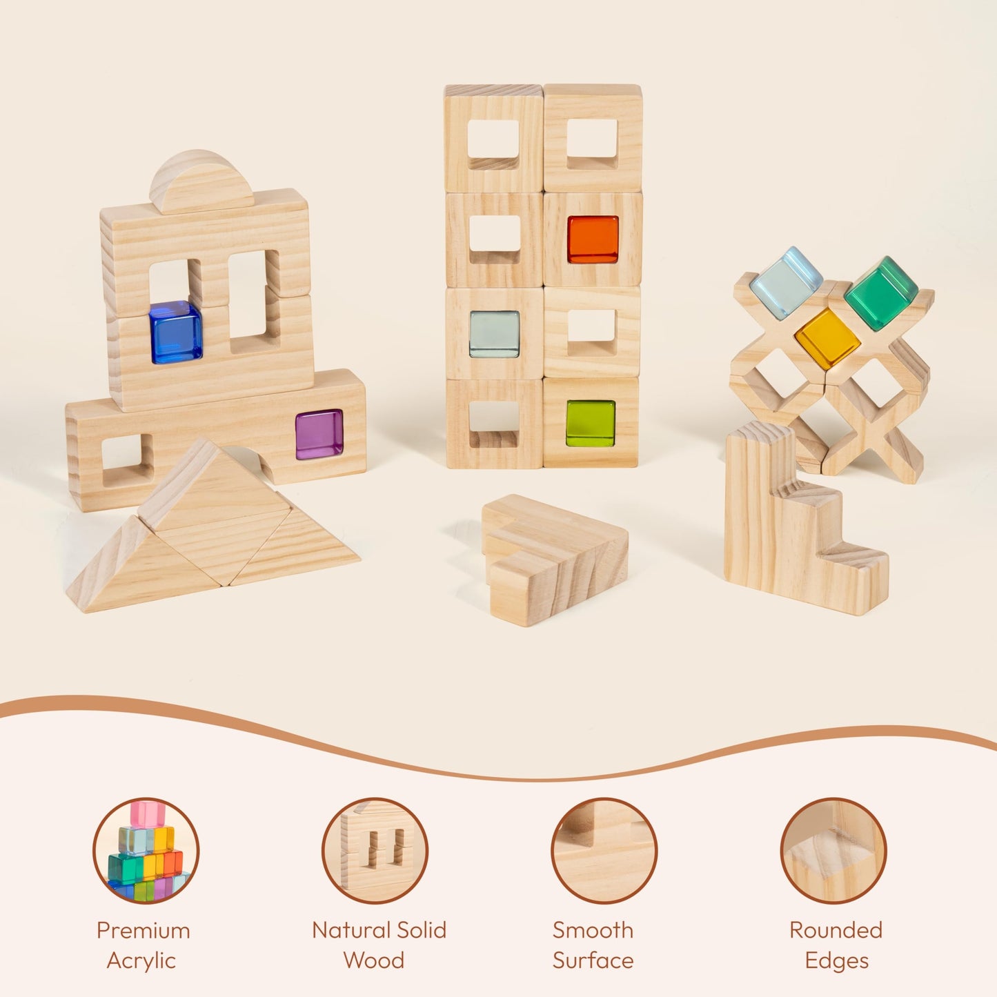 Woodtoe Wooden Rainbow Building Blocks Set for Toddlers, 22 PCS Wooden Blocks & 25 PCS Gem Cubes Stacking Blocks, Montessori Stacking Toys, Educational STEM Birthday Toys Gifts for Kid Boy Girl 3-6