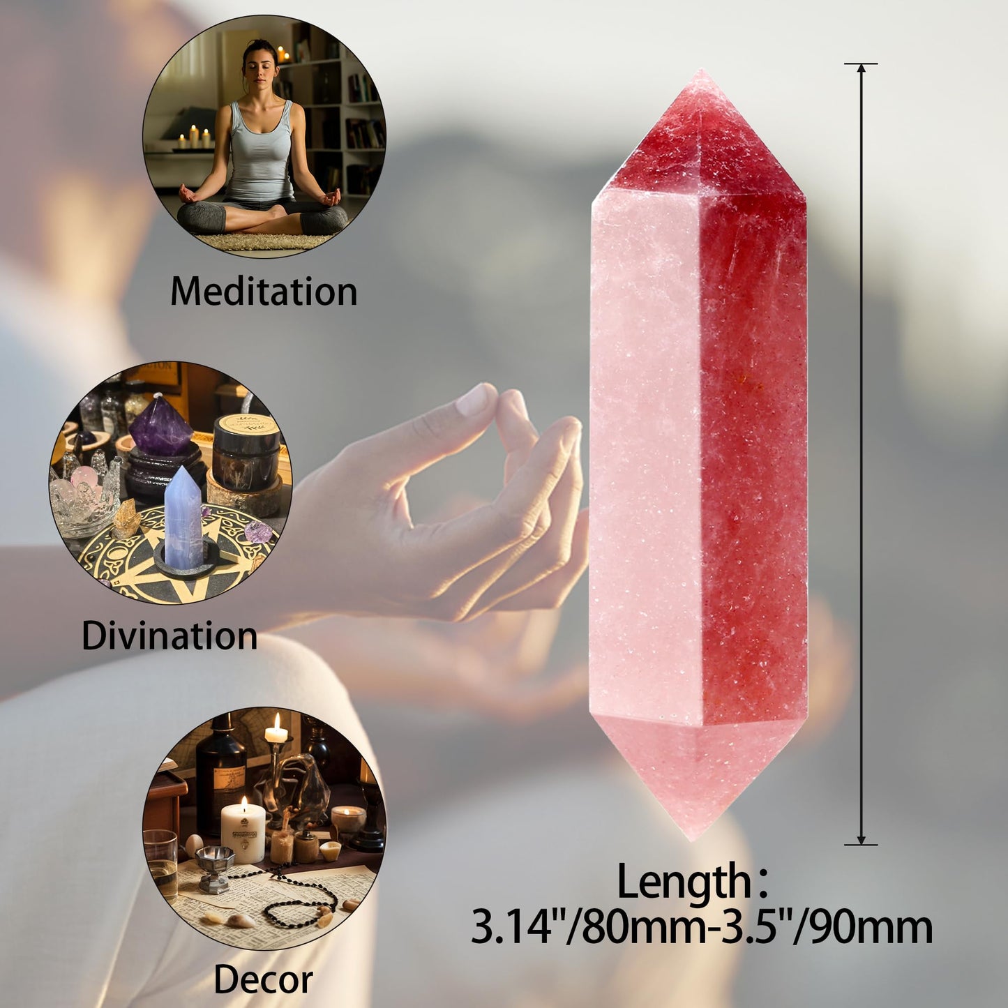 YATOJUZI 3.5" Strawberry Quartz Healing Crystals Wand Natural Crystals and Healing Stones Large Hexagonal Strawberry Quartz Crystal Points for Meditation Divination Reiki Energy Balancing 1PCS