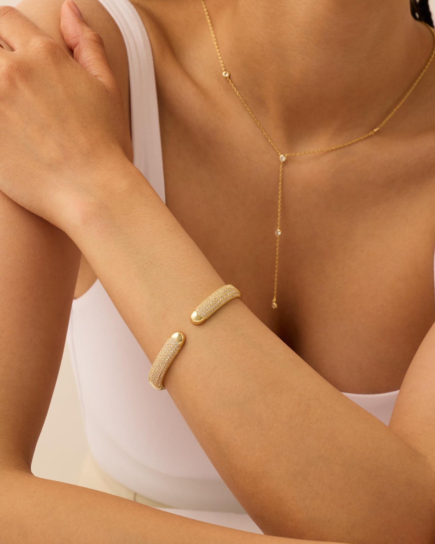 PAVOI 14k Yellow Gold Plated Cuff Bracelets | CZ Cuff Gold Bracelets for Women with Premium Pave Setting | Waterproof Hypoallergenic Jewelry | Trendy Elegant Style | 7-Inch Bangle Design