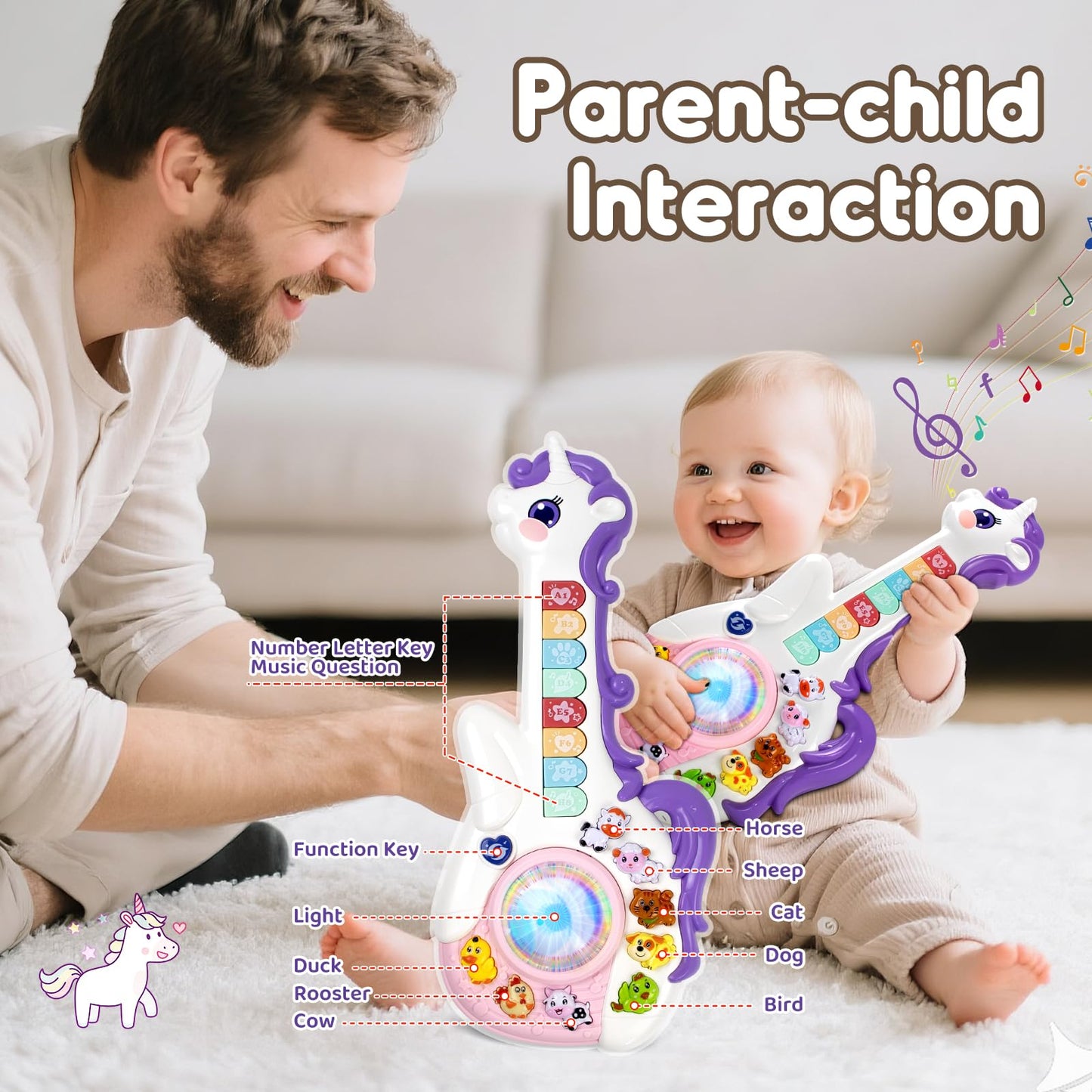 Marstone Toys for 1 2 Year Old Girl Birthday Gifts: Baby Musical Unicorn Toys 12-18 Months, Educational Cartoon Guitar for Toddler Boy Kid 1-3, Infant 1st First Interactive Learning Birthday Present