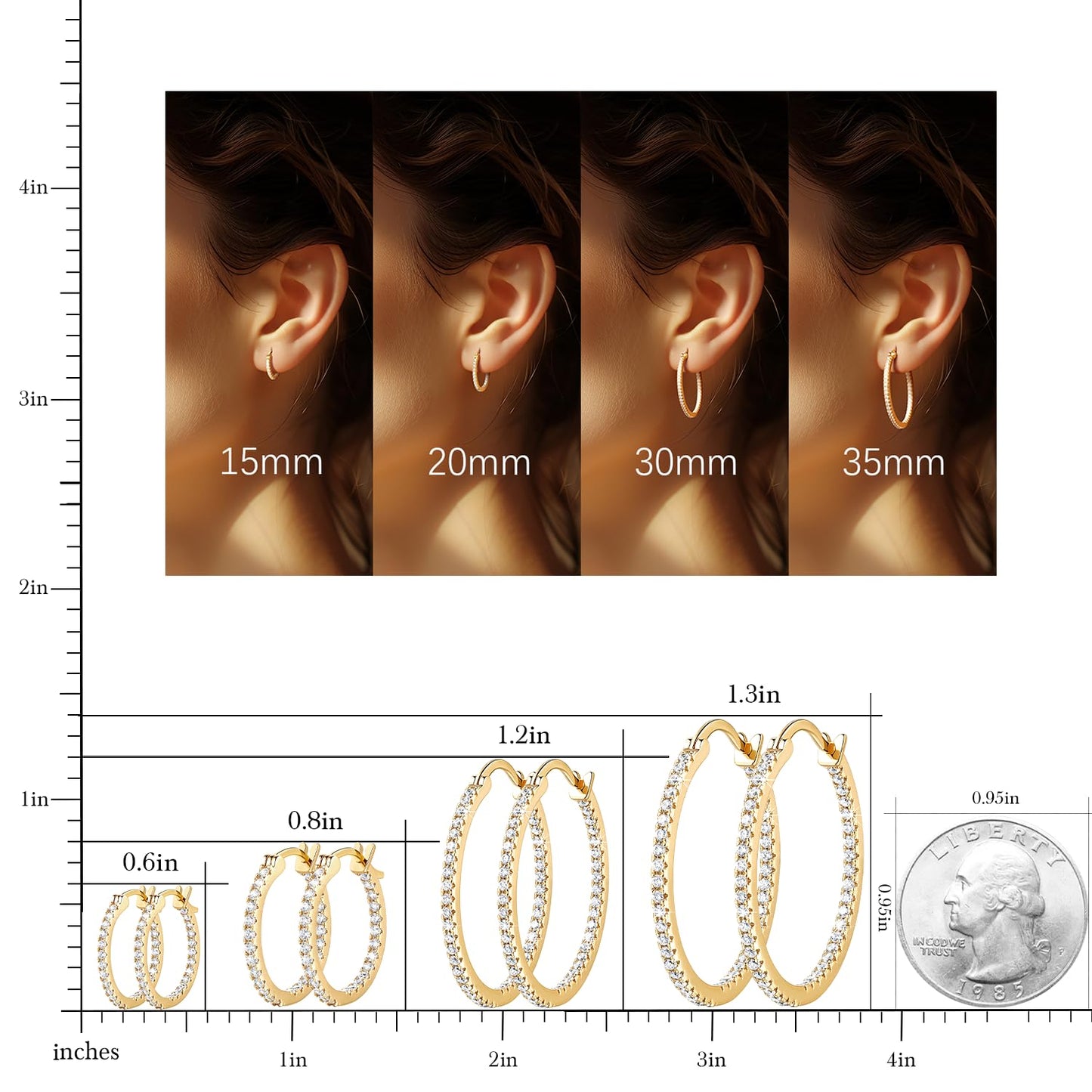 Aidomiya Gold Hoop Earrings 14K Gold Hoop Earrings for Women with Dual-sided Cubic Zirconia Hoops Earring for Women Sensitive Ears Hypoallergenic Womens earring 15MM