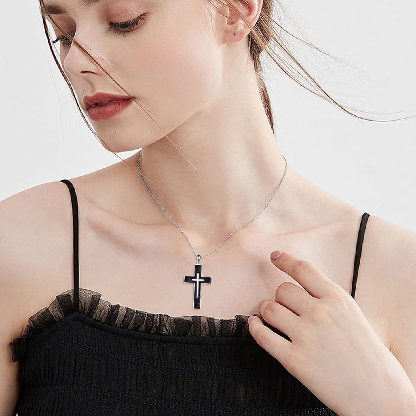 YFN Cross Necklace Sterling Silver Black Tourmaline Cross Pendant Jewelry Gifts for Women Men