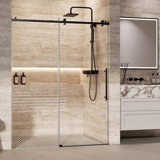 Shower Glass Door, 60 in W x 72 in H Frameless Sliding Shower Doors with Waterpoof Strip and Clear Sgcc 8mm Tempered Glass, for Walk-in Shower Enclosure Bathtub Bathroom, Black