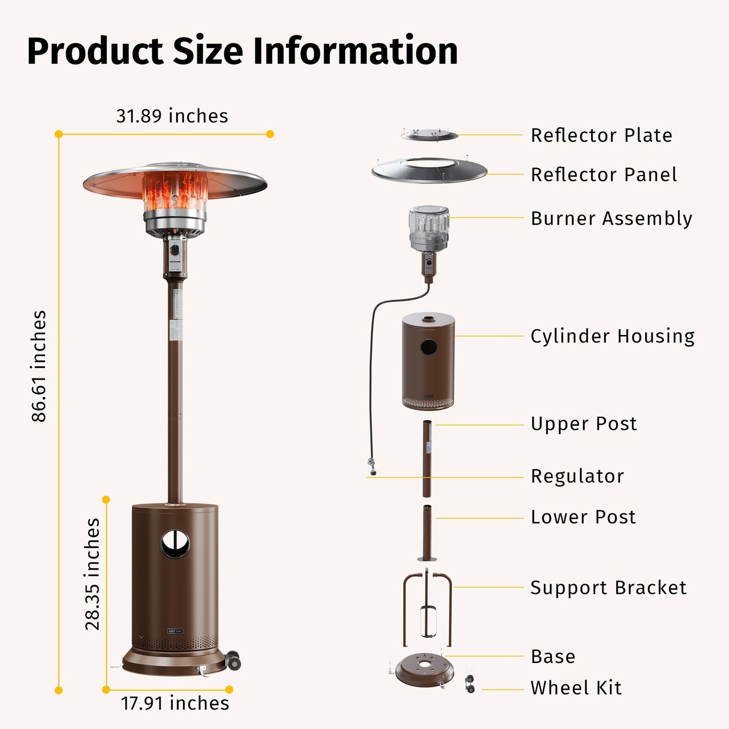 EAST OAK One-Hand Ignition Patio Heater with Enhanced Burner Head, 50,000 BTU Propane Outdoor Heater, One-Person Install, Round Table Design for Porch, Garden, Balcony, Backyard