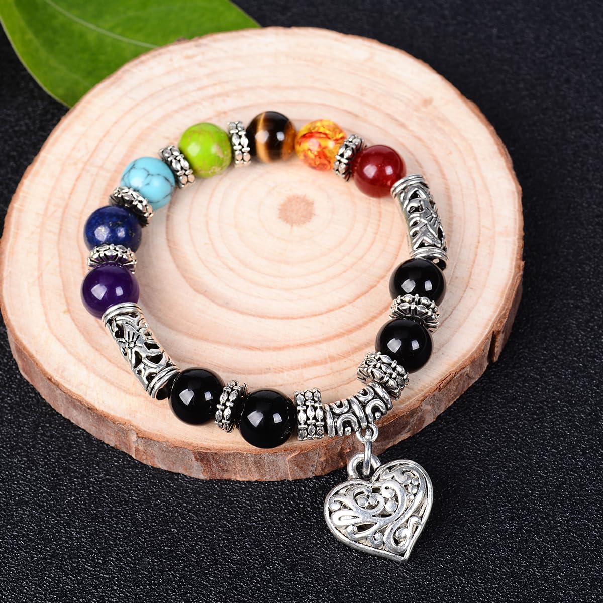 eMeition 7 chakra bracelet natural beads yoga meditation religion healing balance stones beaded healing balance bracelets for women heart pendant (heart)
