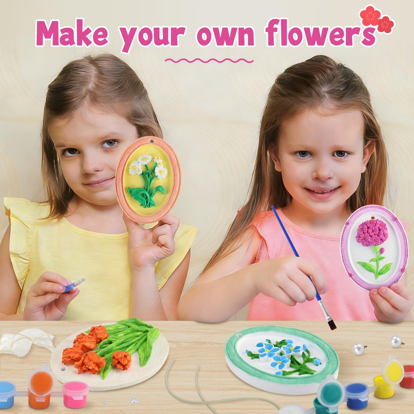 Plaster Painting Kit for Kids & Adults with 3D Ready-to-Paint Ceramic Flowers, 12 Paints, Pearl Stickers & More Bulk Party Favors Birthday Mother’s Day Gifts Home Decor
