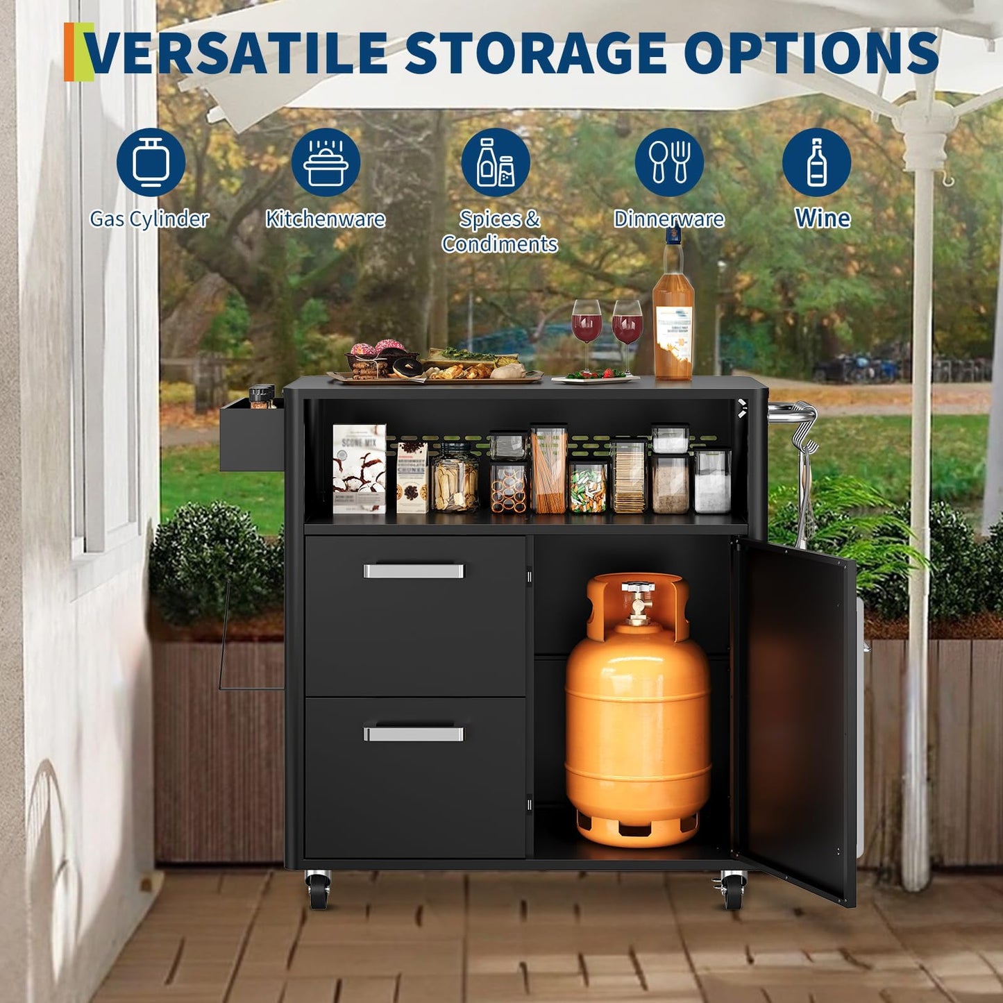 Heavy Duty Outdoor Grill Cart with Stainless Steel Prep Table, Lockable Wheels, Large Storage Cabinet, and Island Table for Patio or Kitchen
