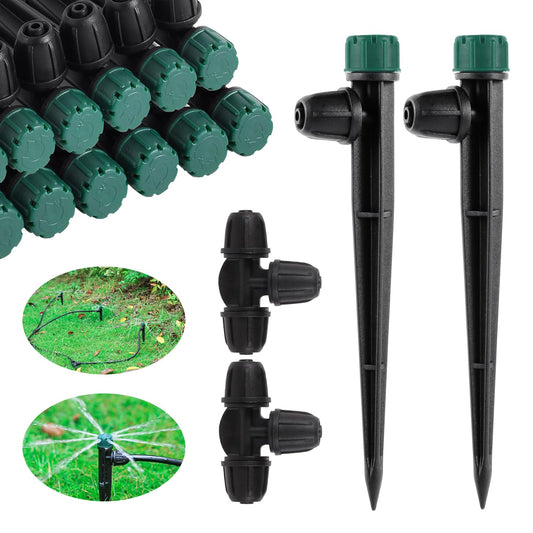 FOGWOWO Drip Irrigation Emitters for 1/4" Drip Tubing,Adjustable 360 Degree Automatic Irrigation Drippers on 5.5" Arrow Stake,with1/4 Locked Tee for Watering System(10Pcs Drippers and 10Pcs Tee)