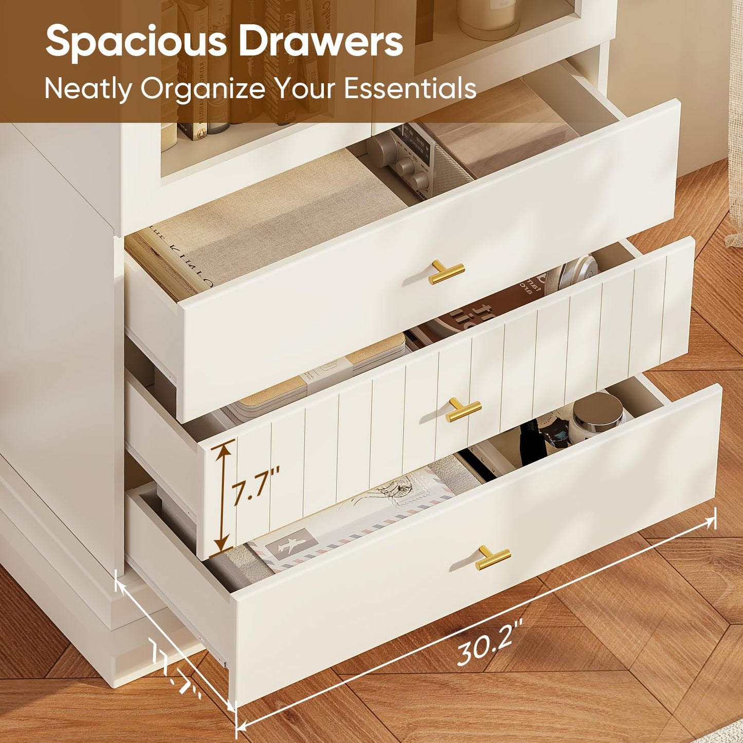 Vyre 71" Arched Kitchen Cabinet, Glass Door Display and Tall Storage Cabinets with Drawers, Modern Pantry for Dining Room or Living Room, White with Gold Handles, 3 of Set