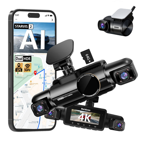 4K STARVIS 2 Dash Cam Front and Rear, 360° 4 Channel Dash Camera for Cars, Car Video Recorder with AI Driver Monitor System, Free 64GB Card, 5GHz WiFi GPS, WDR Night Vision HDR,24H Parking Mode(N900)