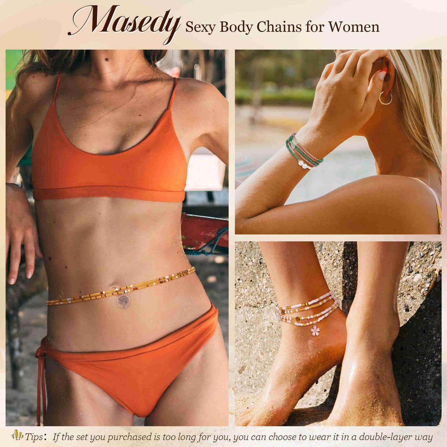 Masedy 8PCS African Waist Bead Chains for Women Layered Belly Body Chain Handmade Plus Size Beaded Belly Chain Colorful Elastic Flower Butterfly Body Chains Summer Beach Bikini Body Jewelry 31-45in (Set B, Inches, 31)