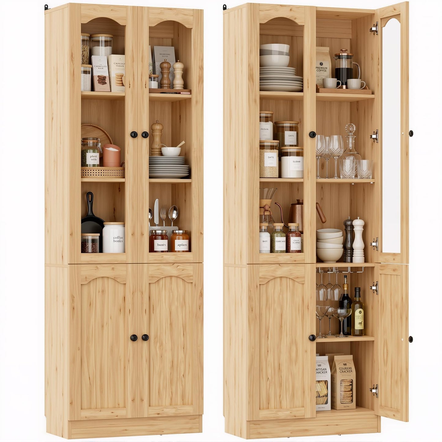 Cyclysio 80" Tall Pantry Cabinet with 4 Doors, Natural Oak Kitchen Pantry Storage Cabinet with Built-in Baseboard Notch & Adjustable Shelves – Kitchen Storage Cabinet for Dining, Living, Office