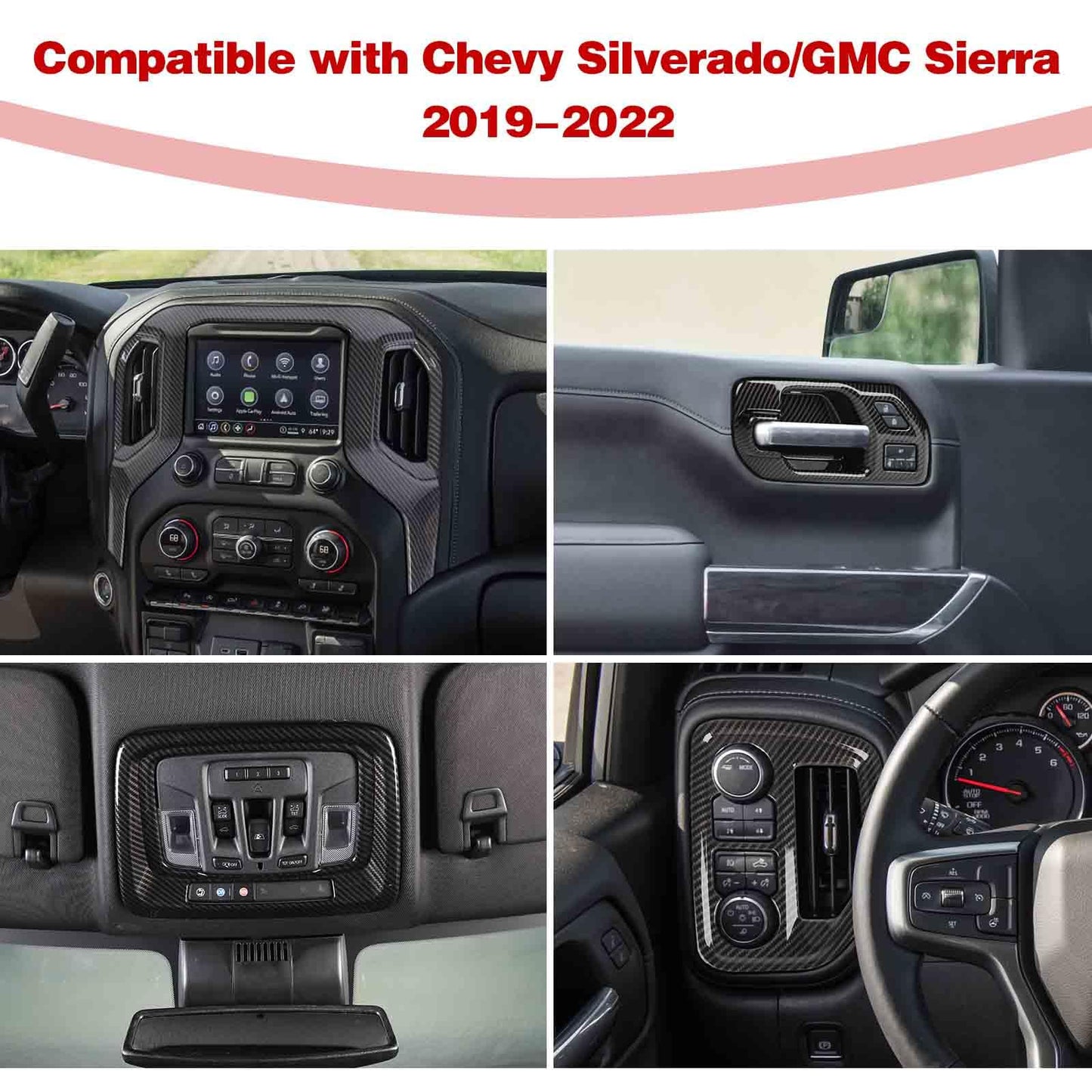 PDKLIN for Silverado Carbon Fiber Trim Dashboard Inner Door Handle Bowl Trim Cover for Chevy Silverado GMC Sierra 2019-2022 Carbon Fiber Interior Accessories 8pcs