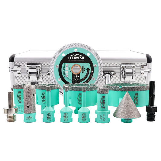 LEKOMESH Tile Hole Saw Kit - (6/6/8/20/35/50/75/100mm+20mm Finger Bit+50mm Chamfer Bit+SDS/HEX Adapter) and 4.5 Inch Diamond Saw Blade Cutting Disc Wheel
