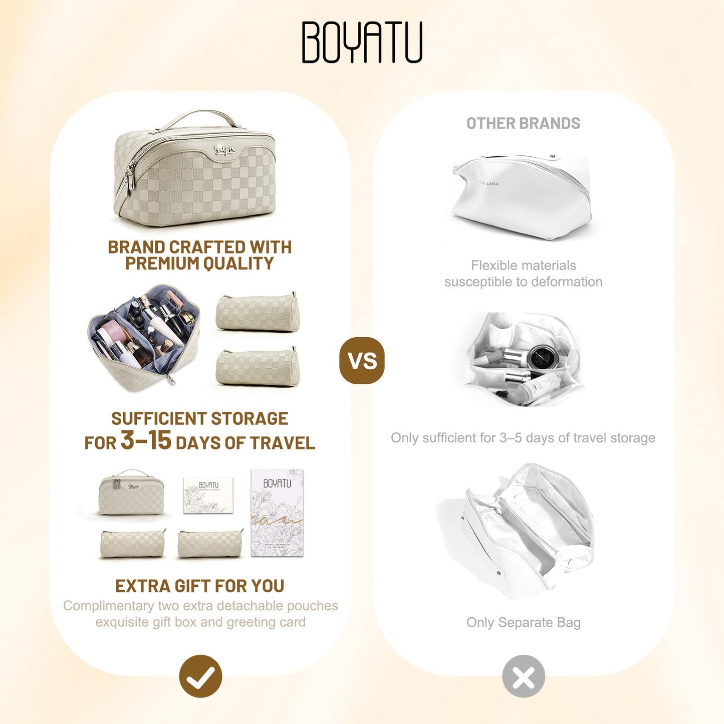 BOYATU Travel Makeup Bag Organizer: 3 Pcs Set Large Capacity Cosmetic Bags Holds 10–20 100ml Full-Size Bottles - 180°Open-Flat Make up Case 3-sec touch-up - Toiletry Bag Gift women (01-D-Beige)
