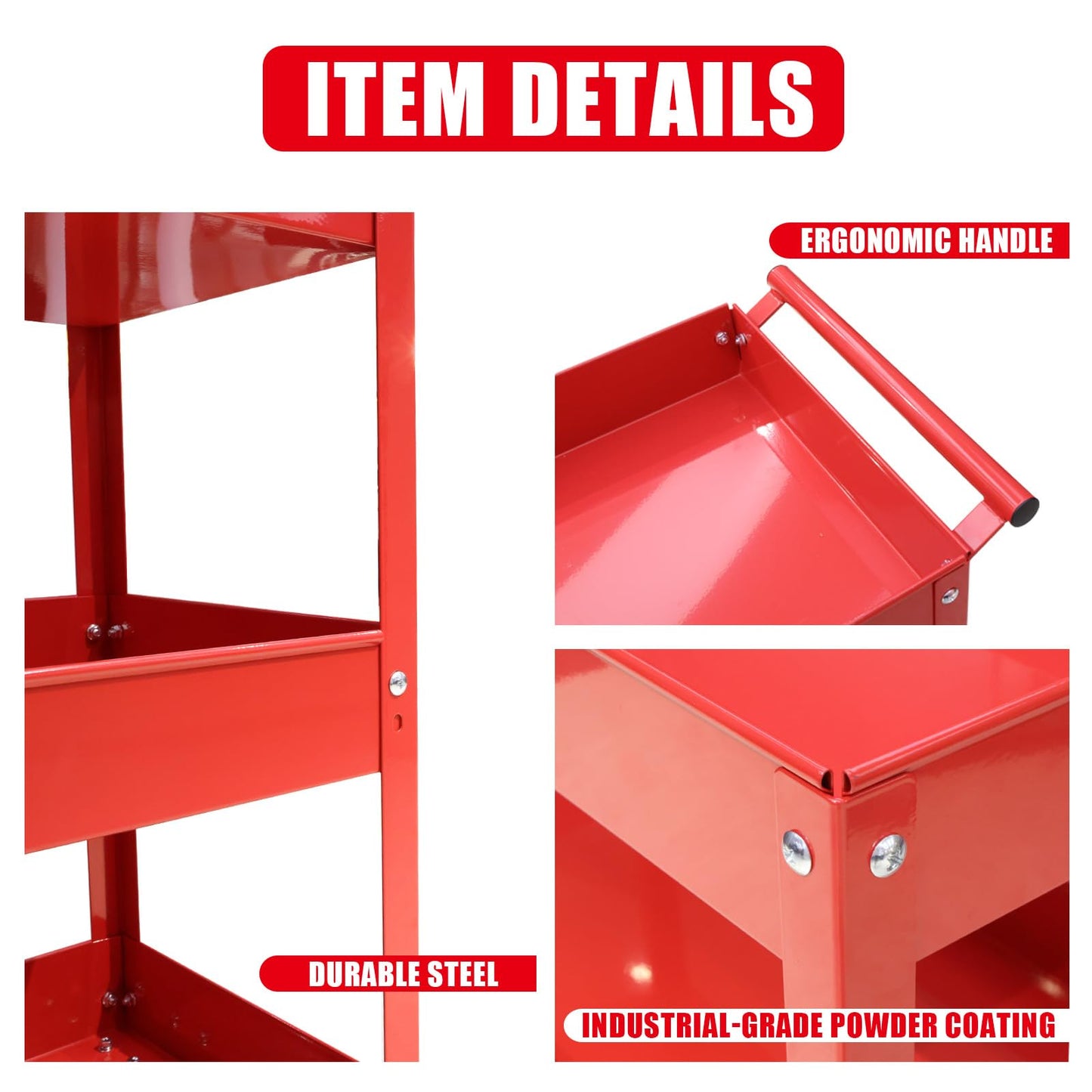 BIG RED Steel Rolling Service Tool Cart with 3 Tires , Heavy Duty Utility Cart on Wheels with Two Brake for Office，Kitchen，warehouse,400 lbs Capacity,Red