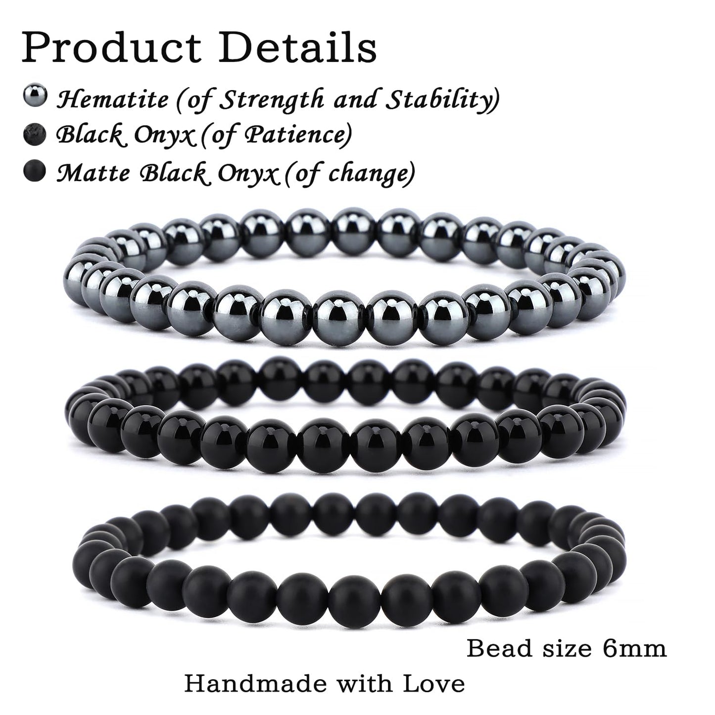 NCB 3-Piece 6mm Natural Crystal Gemstone Stretch Bracelets – ﻿Black Onyx, Hematite, Matte Black Agate Handmade Reiki Energy Healing Jewelry for Meditation,Yoga, Unisex