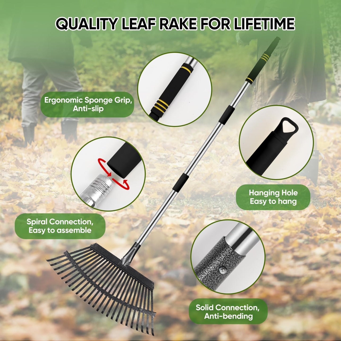 Coopvivi Rake Heavy Duty 6FT Long Garden Rake , 18.5 Inch Wide Leaf Rake for Lawns, 25 Metal Tines, Adjustable Stainless Steel Handle, Rakes for Leaves, Yards, Grass, Garbage, Weeds, Debris (Black)