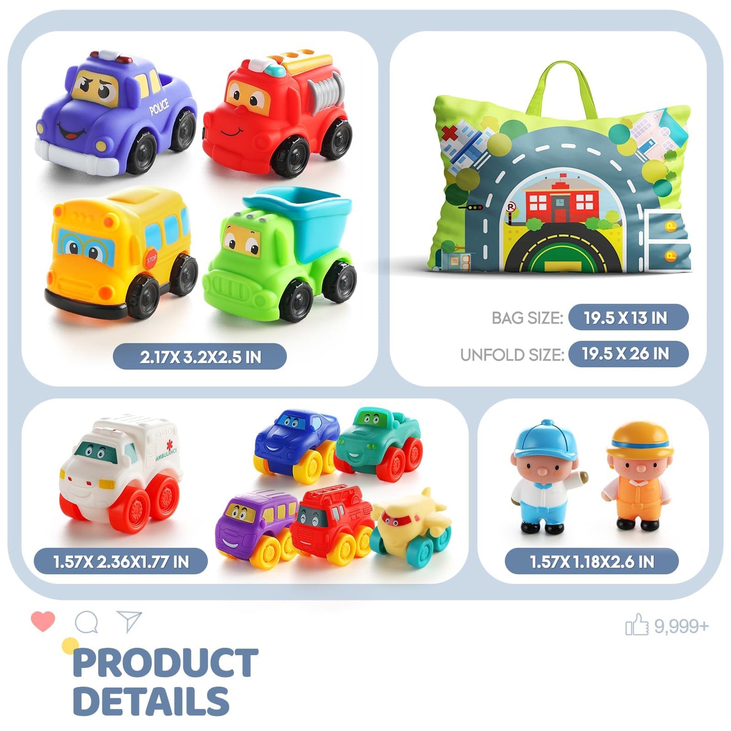 bessome Soft Rubber Toy Figure Car for 1 Year Old Boy with Playmat (Storage Bag)|12 PCS Cartoon Cars Baby Toys for 12-18 Months & Toddler Age 1-2|First Birthday|Gift for 1 2 3 Year Old Boy