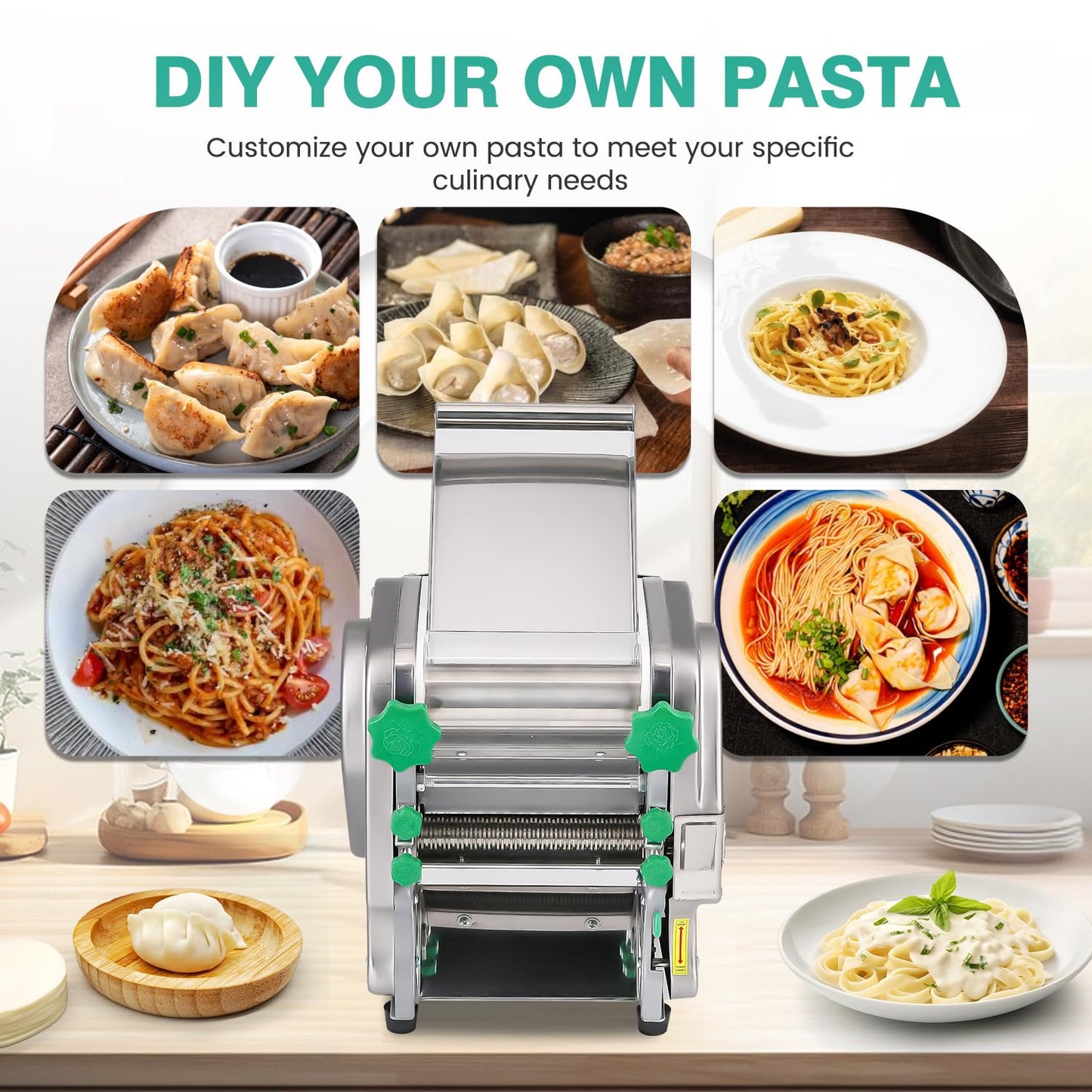 Newhai Commercial Electric Pasta Maker 2-in-1 Automatic Noodle Machine Thickness Adjustable 2mm 6mm Noodle Heavy Duty Dough Roller Pressing Machine, 750W