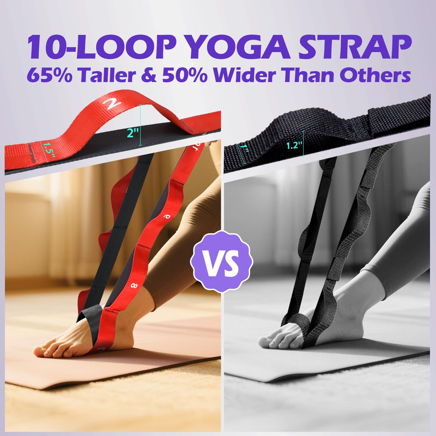 Non Elastic Stretching Strap with Loops - Yoga Straps for Physical Therapy, Durable Stretch Bands for Exercise, Flexibility Training, Hamstring & Leg Stretcher, Yoga/Pilates/Gymnastics - Red