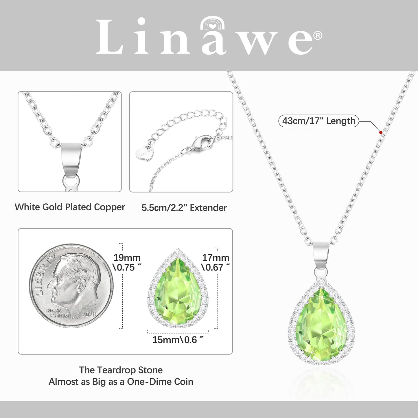 Linawe Silver Necklace for Women, Choker Necklace Chains Crystal Pendant Necklace, Green Imitation Diamond Moonstone Birthstone Rhinestone Cubic Zirconia Aesthetic Jewelry