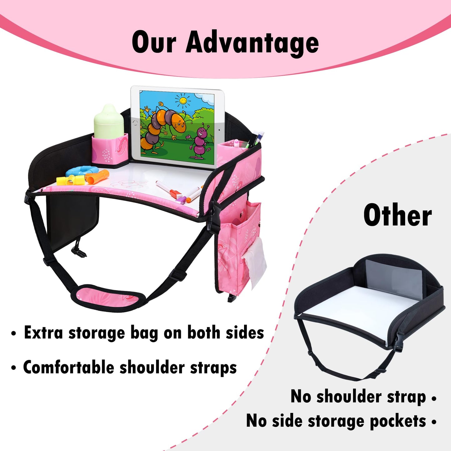 WENRENER Kids Travel Tray, Car Seat Tray for kids Travel, Toddler Road Trip Essentials With Drawing Kit, Toddler Lap Desk Organizer for Car, Carseat Table for Airplane