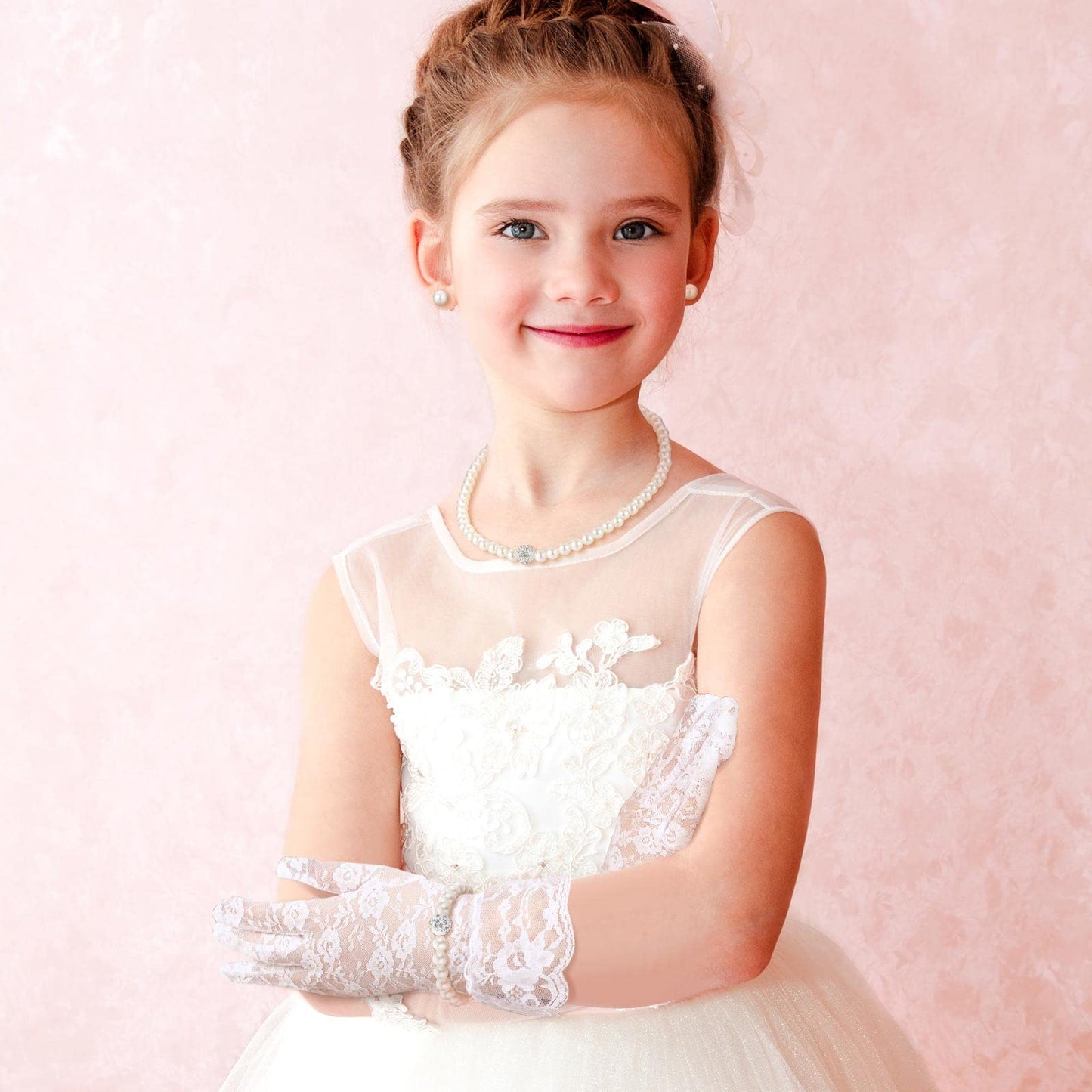 Geyoga 4 Pcs Pearl Necklace Set for Little Girls Toddler Girls Jewelry Communion Gloves for Kids Christmas Tea Party Wedding(Exquisite Style,4-8 Years)