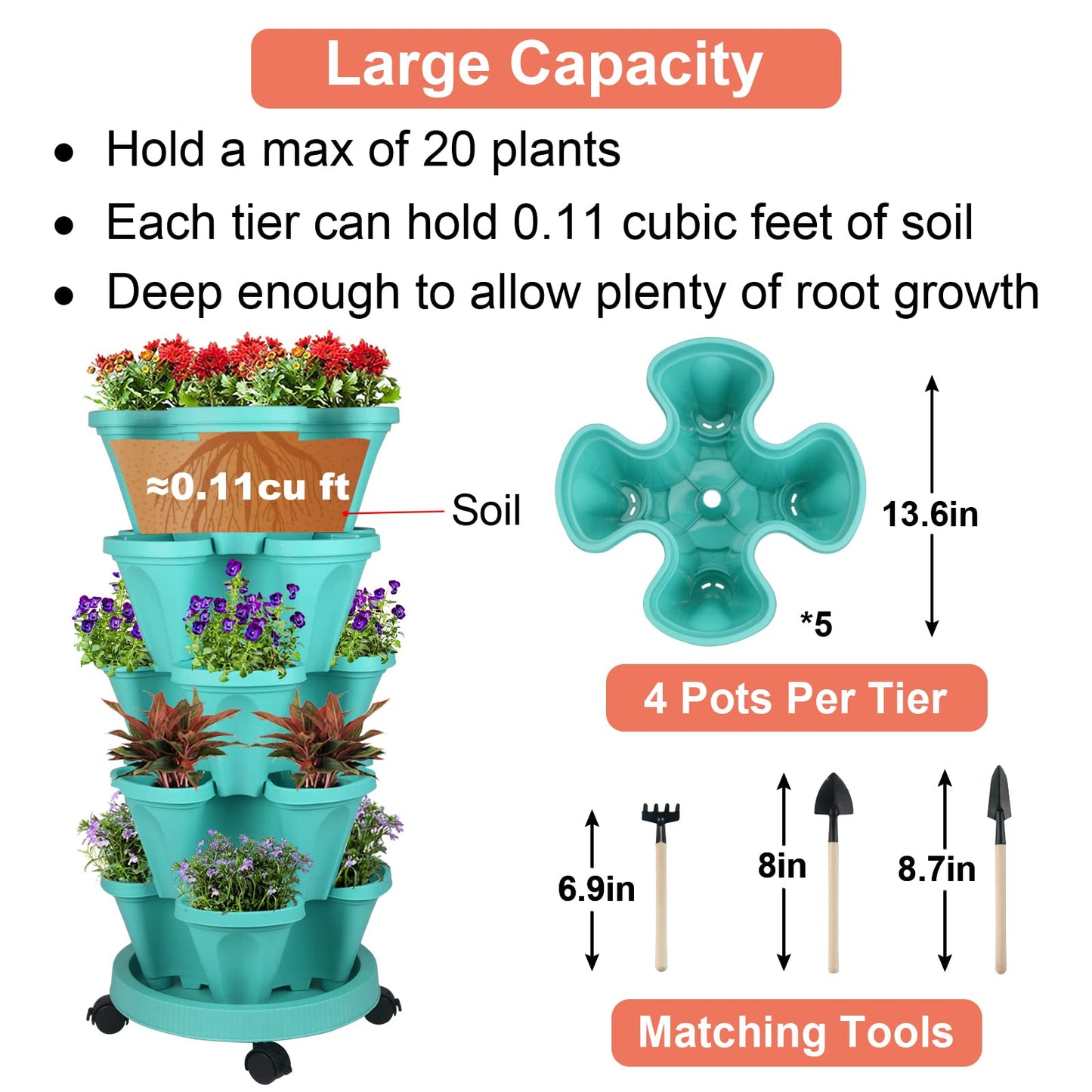 GameXcel Vertical Planter Tower - 5 Tier Stackable Garden Planters with Wheels and Tools Plant Pots for Strawberry Herb Flower and Vegetable Indoor Outdoor Use Teal