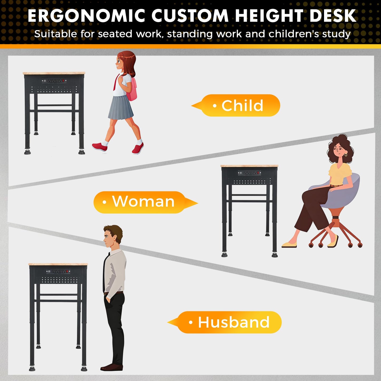 48" Adjustable Workbench with Rubberwood Top & Power Outlet,Large 48 x 24 Inch 9-Level Height Range 27"-37", 2000 LBS Heavy Duty Capacity for Workshop, Office, Garage, Home