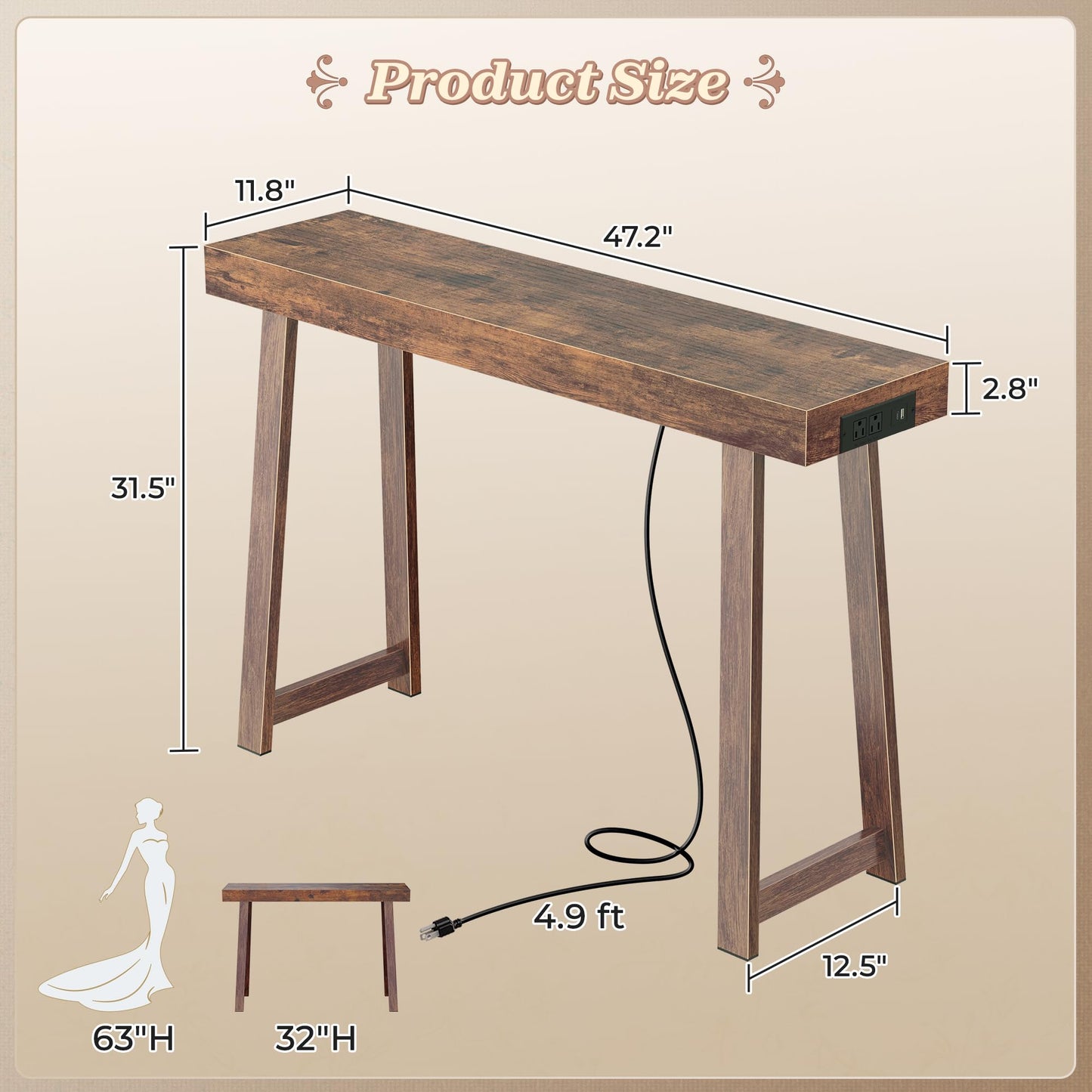 Huuger Entryway Console Table with Charging Station, USB-C Port, 47.2 Inch Sofa Table with Metal Legs, Entry Hallway Table with Thicker Desktop, Modern Behind Couch Table, Rustic Brown