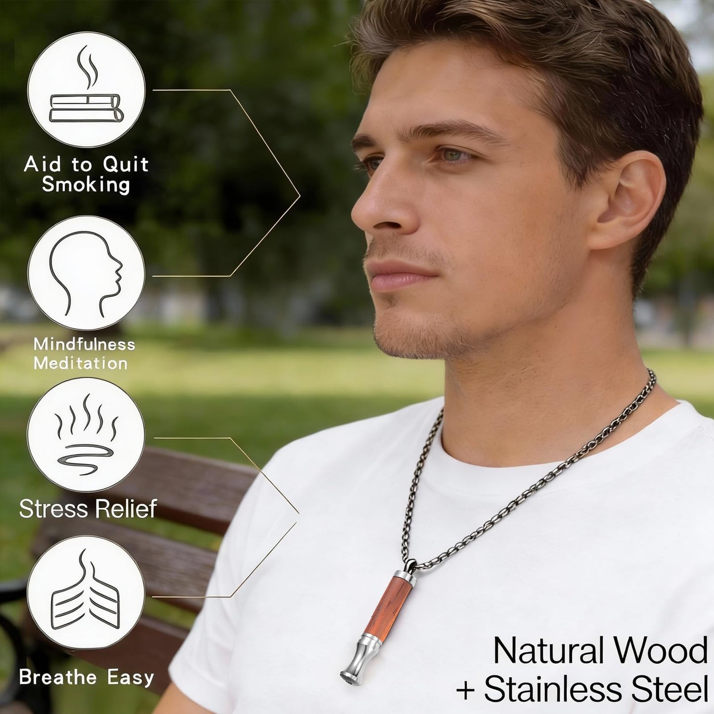 BOLAGTIER Mindful Breathing Necklace: Natural Wood Fidget Charm for Anxiety Relief & Quit Smoking Aid, Stainless Steel Sensory Pendant to Calm Your Mind (Steel)