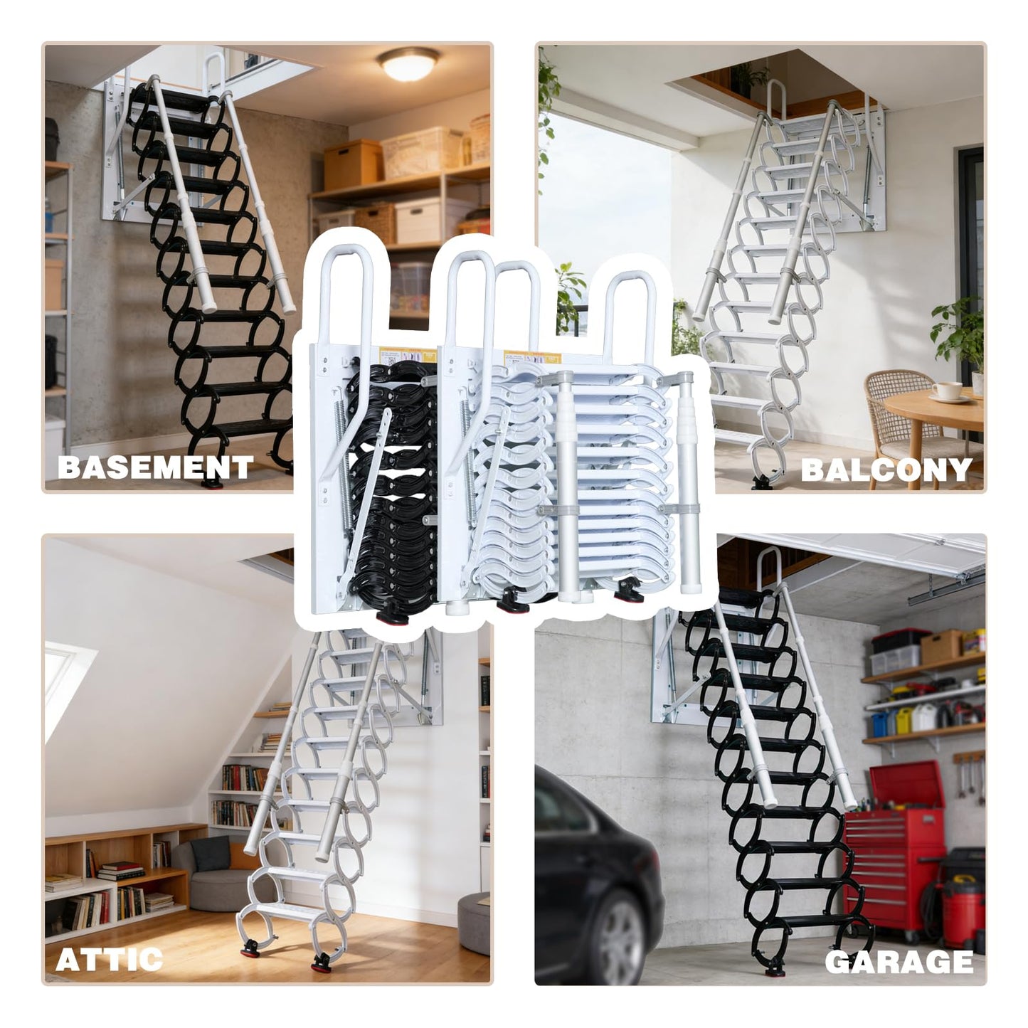 12 Steps Attic Stairs,Wall Mounted Folding Loft Ladder,Retractable Collapsible Stairs,Extension Steps Ladder with Armrests,Telescoping with Pulldown System (White, Step 12)