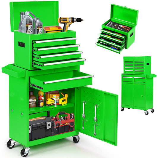 Dawmilon 5-Drawer Rolling Tool Chest, 2-in-1 Tool Box Organizer with Lockable Wheels, Sliding Drawers, and Detachable Top, Garage Workshop Tool Storage Cabinet, Green