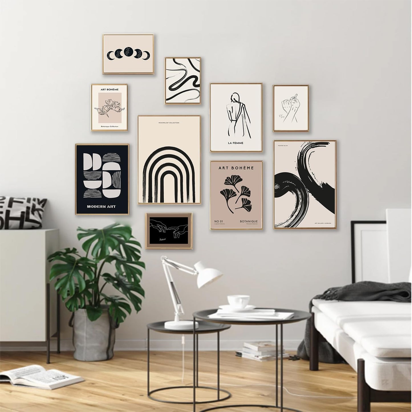 KBKBART Minimalist Boho Wall Art Prints, 10 PCs Abstract Neutral Black Beige Women Body Line Flower Canvas Art, Eclectic Home Decor for Room