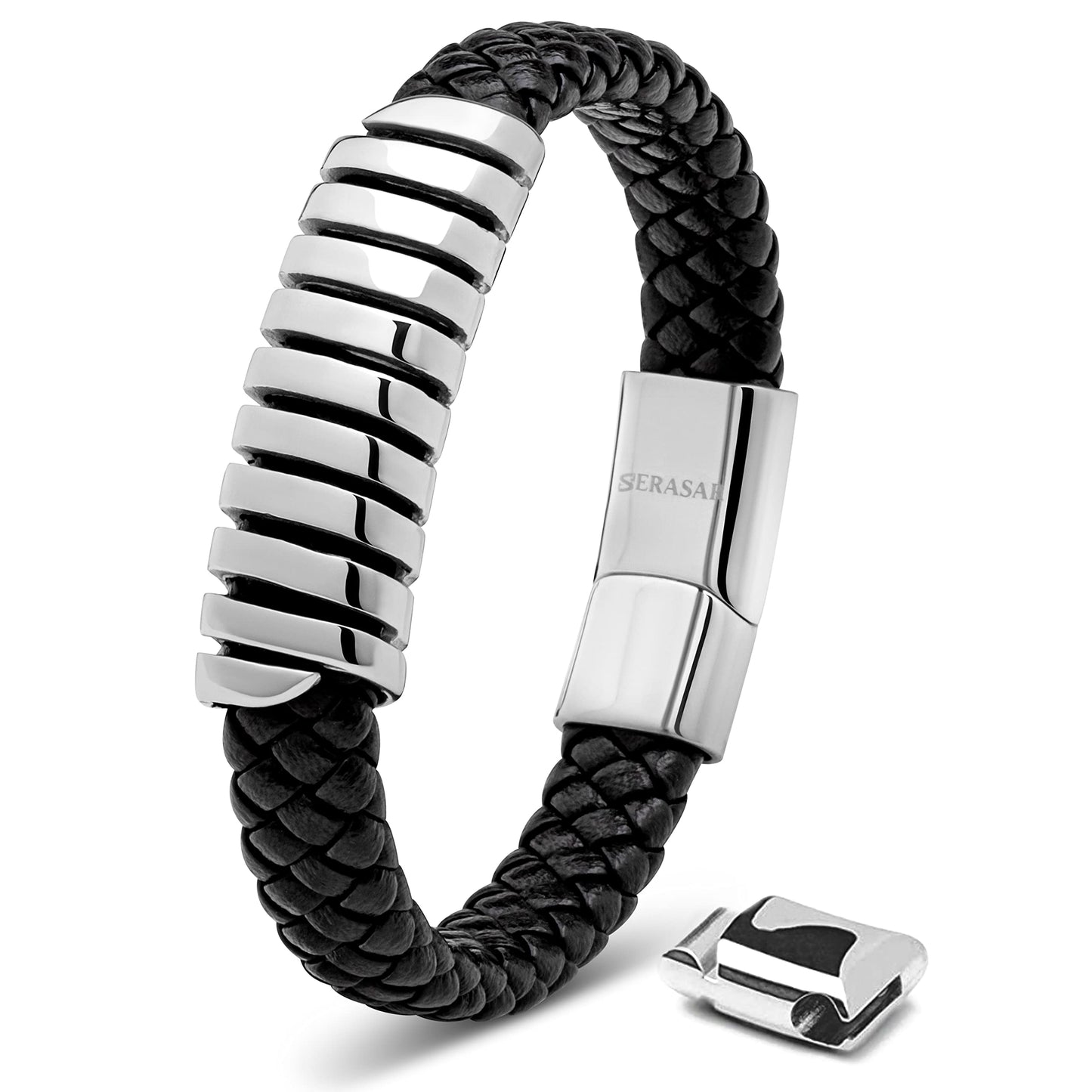 SERASAR Mens Leather Bracelet 17cm Silver Presents Men Gift Box Cowhide Braided Magnetic Clasp Multi Layer Wrap Rope Mans Male Bracelets Band Jewelry Magnet Accessories