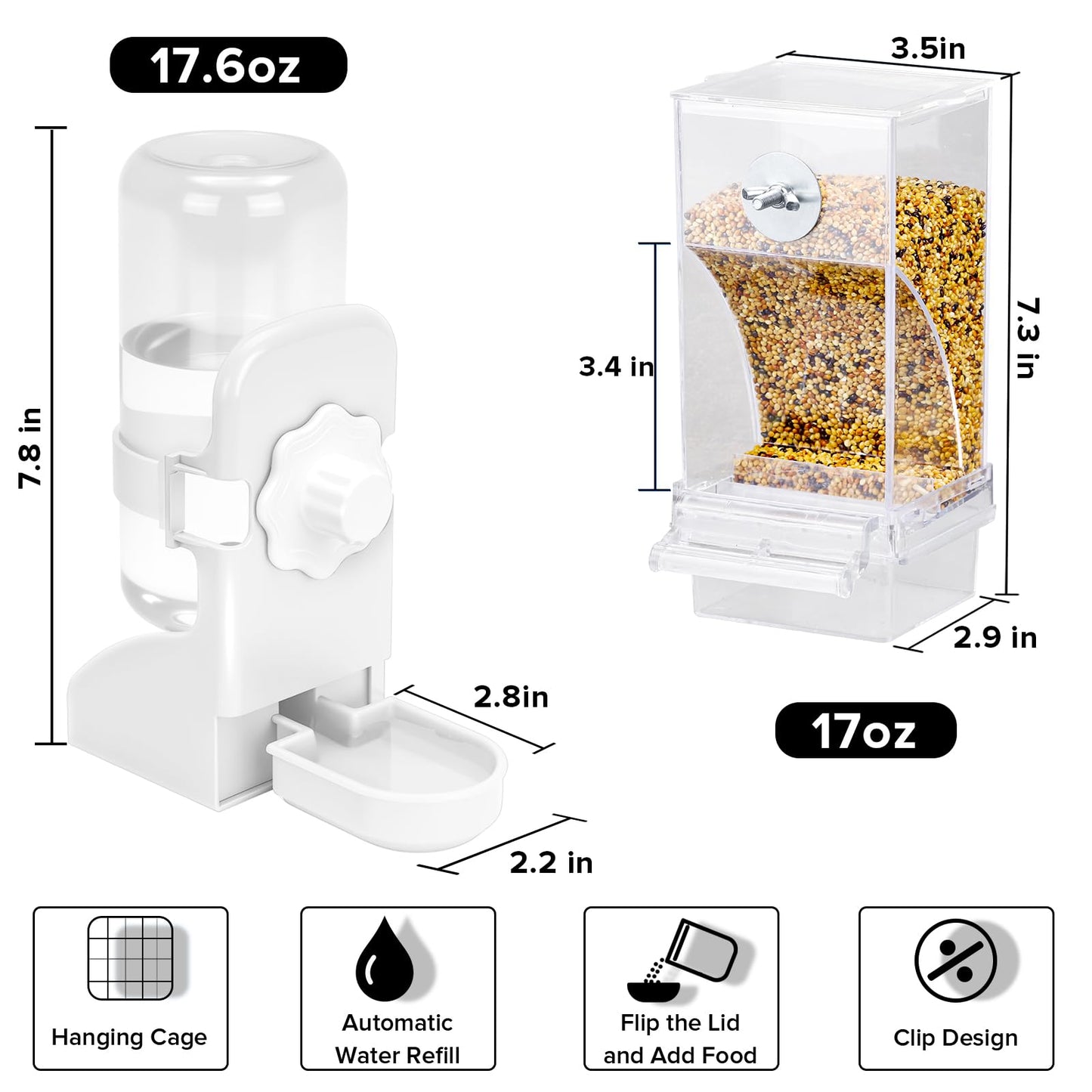 No Mess Bird Feeder Water Dispenser Set, Parakeet Cage Accessories, Bird Feeder and Waterers in Cage for Cockatiels, Finches, Lovebirds, Budgies, Canaries