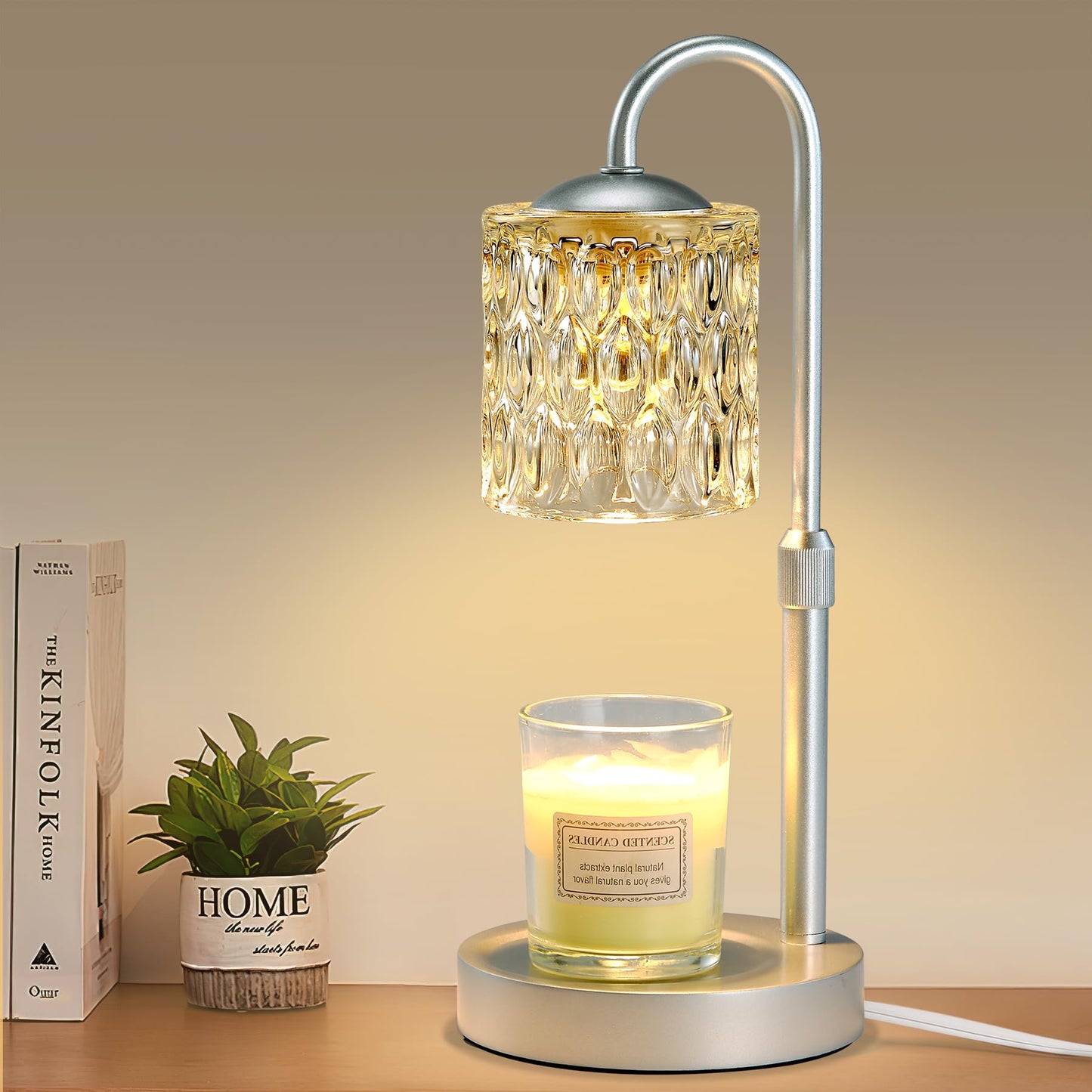 Briever Dimmable Candle Warmer Lamp with Timer, Height Adjustable Electric Candle Wax Warmer, Christmas Birthday Gifts for Women Mom, House Warming Gifts New Home Room Decor, Silver Solid Wood Base