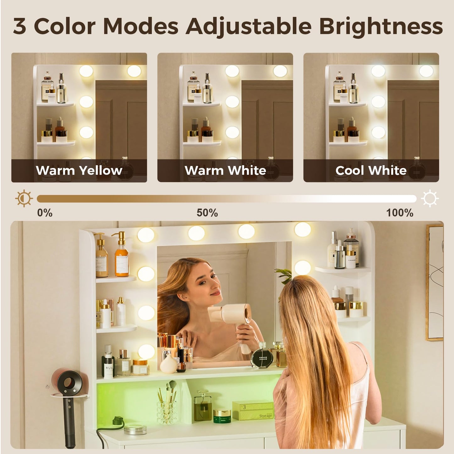COMHOMA Vanity Desk with Lighted Mirror and Power Outlet, RGB LED Lights Makeup Vanity Set for Girls, Large Storage Capacity Dressing Table for Bedroom, 3 Lighting Modes Adjustable Brightness, White