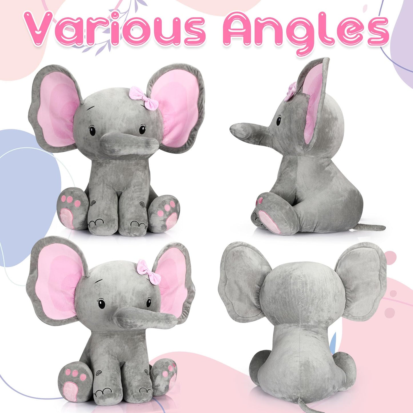 Jenaai Giant Plush Elephant Stuffed Animal Gifts for Kids Soft Large Pink Gray Elephant for Baby Shower Gender Reveal Party Decorations Birthday Baptism Gifts Friend Sister, 24 Inch