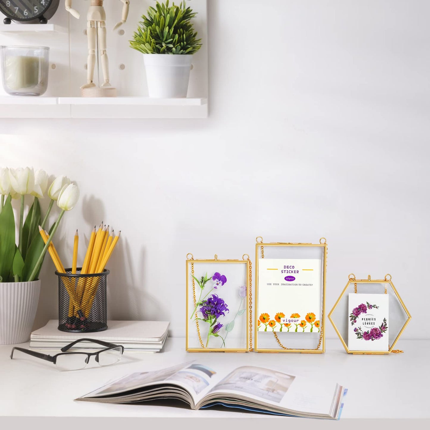 AVLA 3 Pack Pressed Flowers Glass Frames, Brass Hanging Picture Frames with Chain, Small Golden Floating Photo Frame, Clear DIY Artwork Display Frame for Wall Decor, Dried Plant Specimen