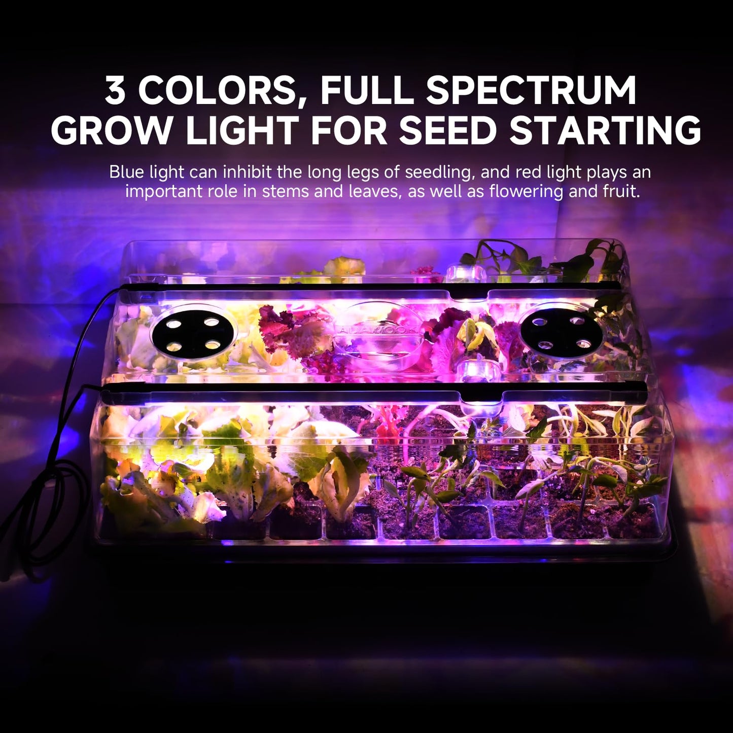 Adawook Large Seed Starter Tray with Grow Light and Thermostat Controller Heat Mat, 10"x 20.75" Heat Mats for Plant Growing，68-113°F Adjustable，Color Change Grow Lights，Germination Trays Kits
