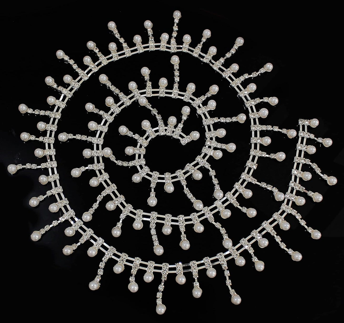 FQTANJU 1 Yard Rhinestone Pearl Tassel Fringe Trim Ribbon, Inlaid Pearl Beaded Crystal Close Chain Applique Bridal Embellishments for Sewing Crafts Wedding Party Clothing DIY Decoration
