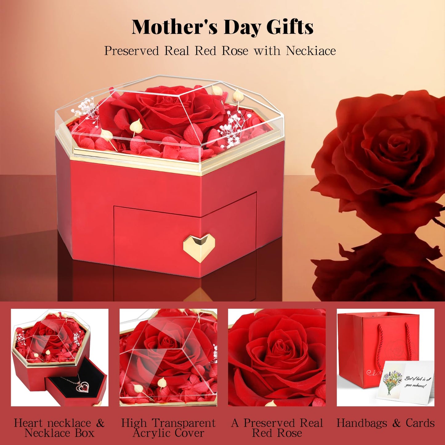 Joniuuca Preserved Real Red Rose Gift Box with Heart Necklace - Eternal Flower Gift for Mothers Day, Girlfriend, Wife, Mom on Valentine's Day, Birthday, Christmas, Anniversary, Thanksgiving(Golden)